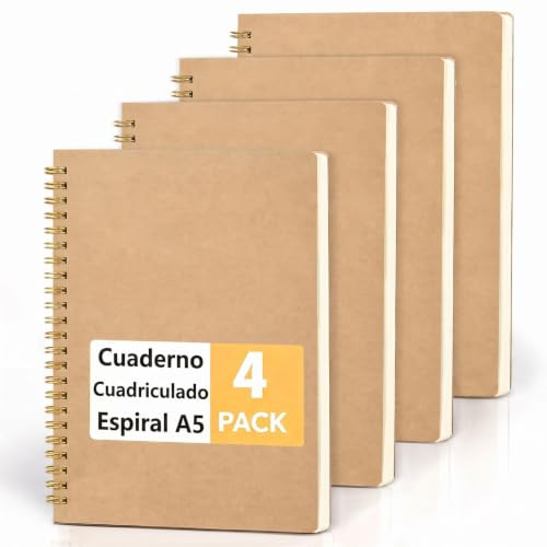 JSQJ Cahier Spirale A5 Lot de 4 - Carnet de Notes Carreaux 5x5mm | 21x14cm / 80 Feuilles 80gsm Papier Lvoire / Spirale Dorée / DIY Couverture Kraft Bloc Note pour École Université Bureau