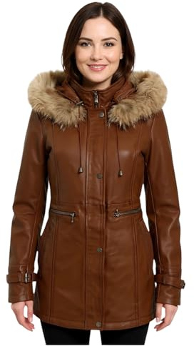 Women’s Real Leather Parka Jacket – Detachable Fur-Lined Hood Trench Coat