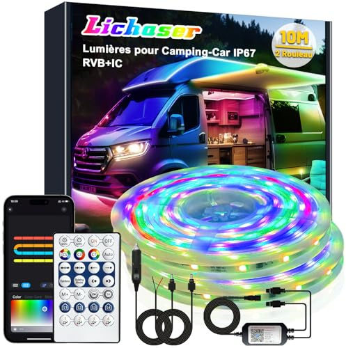 Lichaser 12V Bande LED Camping Car IP67, Lampes éclairage pour Camping Car RGB+IC avec Application et Télécommande, Convient pour l'éclairage Intérieur et extérieur des Caravanes de Camping-car (10m)