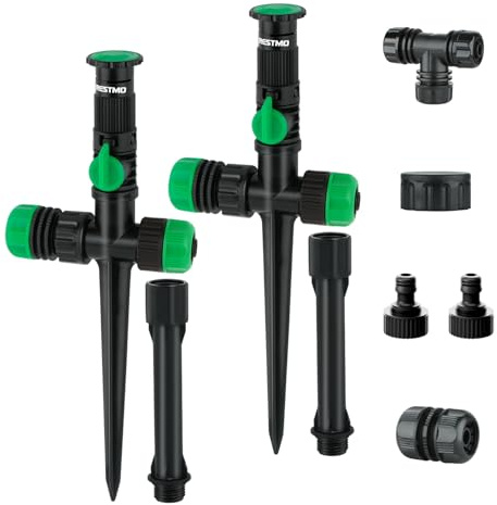 RESTMO 2er-Pack Rasensprenger Große Flächen, Einstellbarer Rasensprinkler | Flexibles Bewässerungssystem mit Erdspieß zur Gartenbewässerung, Pflanzen und Blumenbeete, Grün