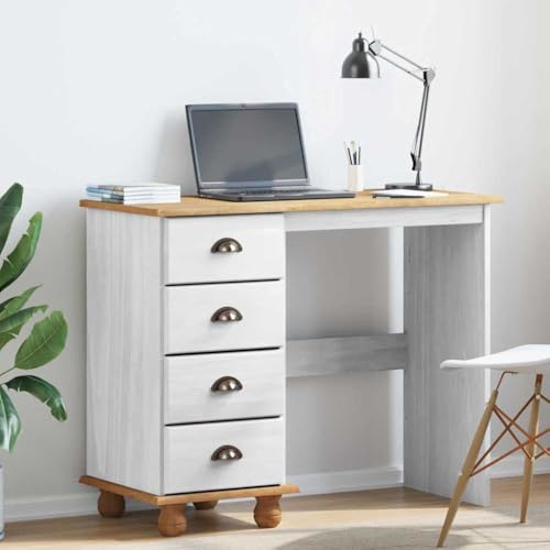XHNIFBN Schreibtisch Kiefer massiv Weiß 95x40x75 cm mit Metallrahmen, 4 Schubladen, modernes Bürotisch Design, platzsparender Computertisch for Home Office, Jugendzimmer und Atelier