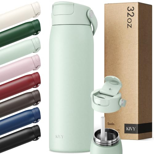 KIVY Botella de acero inoxidable con pajita 1l - 24h frío | 12h caliente - A prueba de fugas y apta para lavavajillas - Botella deportiva aislada 1l - Botella termo - Botella de agua de acero