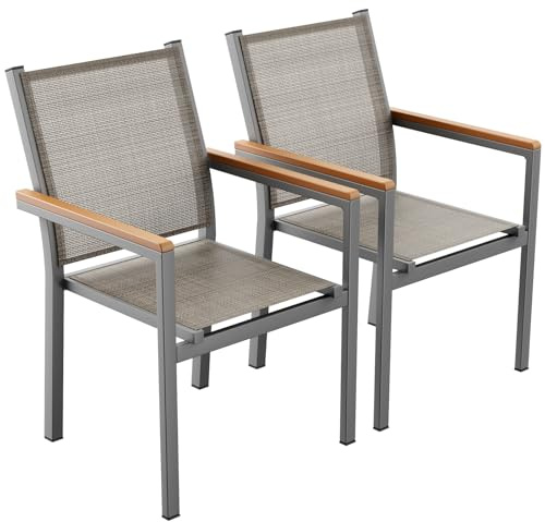 LIFERUN Gartenstuhl 2er Set, Aluminium, Stapelbarer Esszimmerstuhl Textilene, WPC Handlauf, Balkonstühle, für Terrasse, Balkon, Terrasse, Pool, Restaurants, Wetterfest, Leinenbraun, 2 PCS