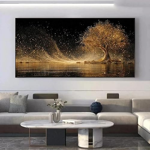 Tableau imprimé sur toile représentant un arbre de vie abstrait moderne, luxueux, doré et lumineux, avec des paillettes noires et dorées, idéal pour décorer un salon (55 x 110 cm / cadre intérieur).