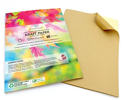 Evergreen Goods Ltd 30 hojas de papel kraft imprimible DIN A4 autoadhesivo - Papel para impresoras de inyección de tinta y láser - Papel autoadhesivo mate para manualidades, etiquetas, decoración