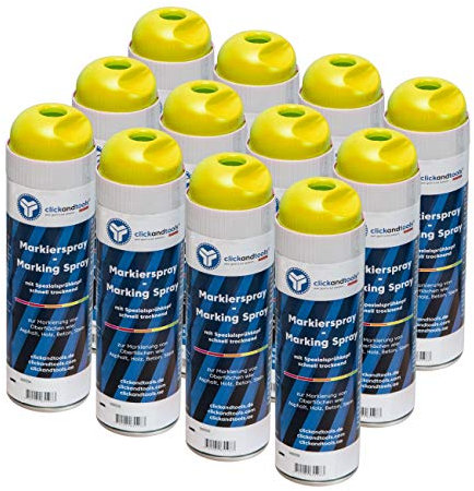 Markierungsspray leuchtend gelb clickandtools® 12'er Pack mit Spezialsprühkopf, schnell trocknend