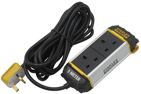 STANLEY 2-Gang 5m Powerboard with Integrated Belt Clip Durable Construction Bumpers for Added Protection - Hi-viz Yellow Cable for site Safety - Strain Relief Cable exit to Prevent Stress