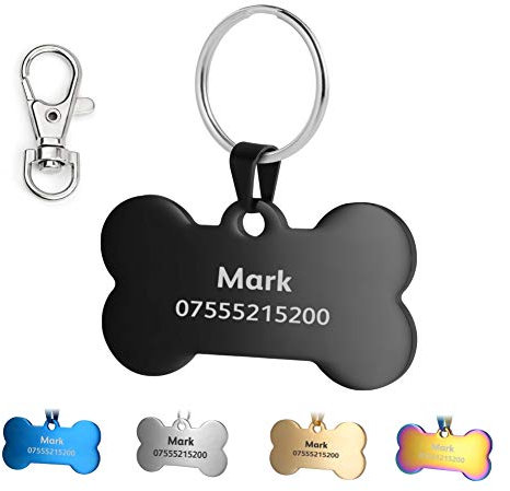KSZ Hundemarke mit Gravur,ID Tag für Hunde und Katzen,Rostfreier Stah Knochen Rundes Rechteck Herzform 5 Farben (Knochen, Schwarz)