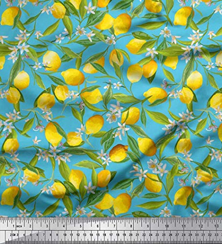 Soimoi Blau Baumwoll-Popeline Stoff Blutter, Blumen und Zitrone Gemuse Stoff drucken Meter 42 Zoll breit
