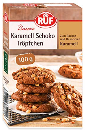 RUF Schoko-Tröpfchen Karamell, backfeste Karamell-Tropfen, zum Backen von Cookies und Muffins, Topping für Eis, Müsli, Porridge, Bowl, glutenfrei 100 g