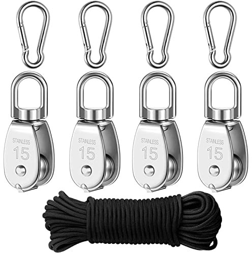 Edelstahl Flaschenzugrolle,Schalen Riemenscheibe Roller für Seile,4 Stück Schnur und Karabiner,Umlenkrolle,Flaschenzug Einzelsatz,Umlenkrolle Stahlseil,Umlenkrolle Flaschenzug,Riemenscheibe Roller