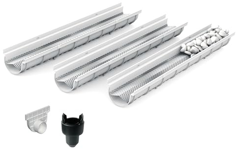 MEA Dekorative Entwässerungsrinne DECOSTONE, 3er Pack (3x1m) mit Lochblech aus verzinktem Stahl mit Zubehör - Entwässerungssystem für Terrassen, Garageneinfahrten, Gärten und Fußgängerzonen. BK A15
