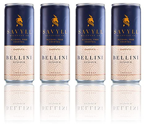 Savyll Beverage Co, Non alcoholic cocktail cans, Bellini, 250ml cans (4 pack), vegan friendly, gluten free, less than 4g sugar and 34 calories per 250ml, natural ingredients, ready to drink