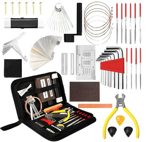 Kit de herramientas de mantenimiento de reparación de guitarra con bolsa de transporte, juego de herramientas de cuidado grande para guitarra acústica, guitarra eléctrica, ukelele, bajo, banjo, juego