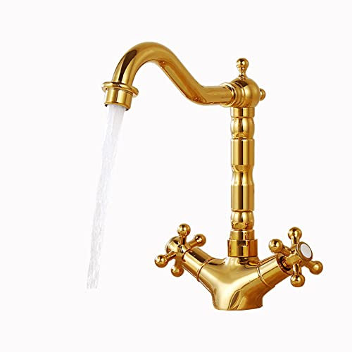 BiaoTeng Waschtischarmatur Retro Messing,mit Kreuzgriffen,Mischbatterie Waschbecken KüChe,Wasserhahn Bad Hoch Retro,Wasserhahn Bad Messing Antik,Gold A