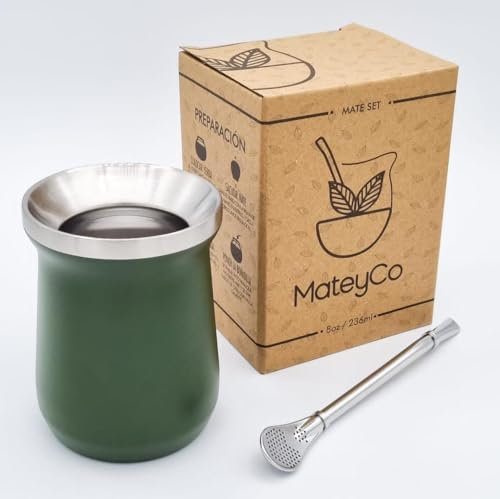 MateyCo Mate argentino con bombilla 236 ml - Kit mate argentino doble pared de acero inoxidable- Set mate argentina (Verde)