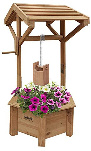Vivo Technologies Wooden Wishing Well Planter, Garden Feature Outdoor Flower Pot Backyard Decor, Natural