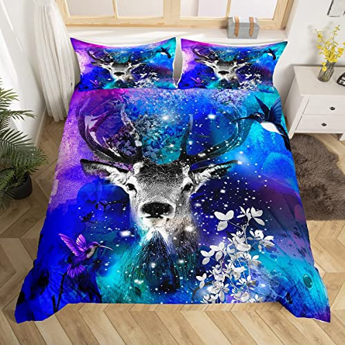 Tiere Bettwäsche Set Hirsch Bettwäsche Jungen Mädchen Bettwäsche Set 135x200 Elchhirsch Bettwäsche Blume Vogel Dekor Kinder Jugendliche Bettwäsche Lila Blau Bettbezug mit 1 Kissenbezug, Reißverschluss