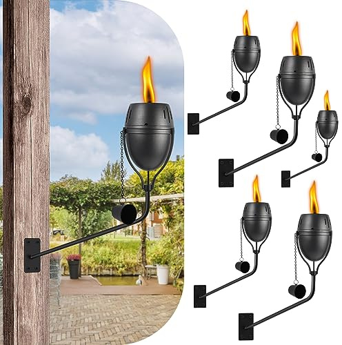 FAN-Torches Wall Mounted Citronella Torches Set of 6, 14 Oz Garden Torches for Outside, Refillable Flame Light Torch, Outdoor Metal Torch for Yard, Patio, Deck, Garden, Party, Landscape