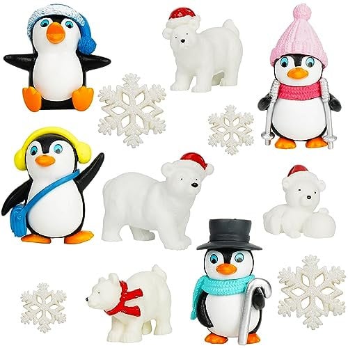 BELLE VOUS 12 Pack of Christmas Miniature Ornament Figurines - Mini Resin Xmas Figures for DIY Crafts, Fairy Garden Dollhouse & Christmas Tree Decoration - Includes Penguins, Bears and Snowflakes