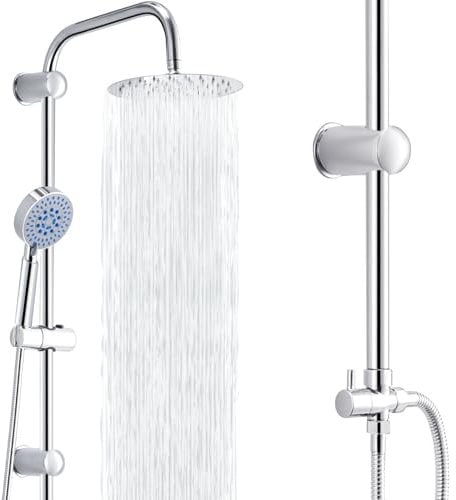 Trintion Shower Set Mixer Shower Set with Overhead Rain Shower Mixer Wall Mounted Adjustable Temperature Twin Head Shower System (10 Inches Round)