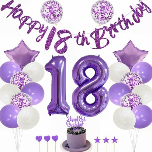 Kiwochy Lila 18 Geburtstag Deko Mädchen - Tortendeko, Luftballons, Nummer 18 Folienballon, Party Dekoration für 18 Jahre