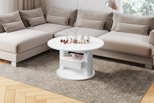 Couchtisch rund HPM-111 ausziehbar höhenverstellbar Weiß Hochglanz 100 - 144 cm Schublade modern runder Wohnzimmertisch Esstisch Beistelltisch Sofatisch oval platzsparend hochwertig Wohnzimmer