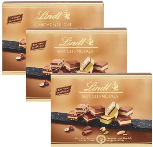 Lindt Schokolade - Schicht-Nougat Pralinen | 3x 125 g | Pralinés-Schachtel mit 12 von Hand geschichteten Mandel-, Haselnuss- und Pistazien-Nougat Spezialitäten | 375g