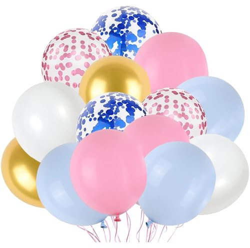 Luftballons Rosa und Blaues Set, 50 Stück 12 Zoll Latex-Luftballons, Commercial Use Konfetti Luftballon, Hellblau Rosa Weiß Gold Ballon-Set mit Band für Jungen Mädchen, Kinder Geburtstag, Brautparty