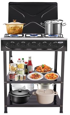 Biniliubi Hornillo de Gas Natural con 5 Quemadores Hornillo Exterior Compacto Salteado Hornear Pastas Hervir Sopa Para Camping Pesca Viajes Camping-Car Pies Antiderantes