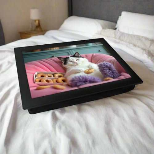 Fabulous Felines Donuts Cat Cushioned Lap Tray, Laptop Tray for Bed with Cushion, Laptrays for TV Dinners, Lap Trays for Eating, Handmade Wood Frame (43 x 32.5) cm (Black Frame)