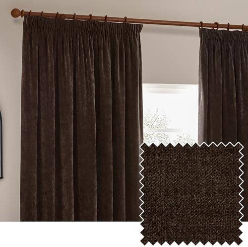 Yard Heavy Chenille Pencil Pleat Curtain Pair (Brown, 229 x 183 cm) | Lined Room Darkening Soft Velvet Curtains