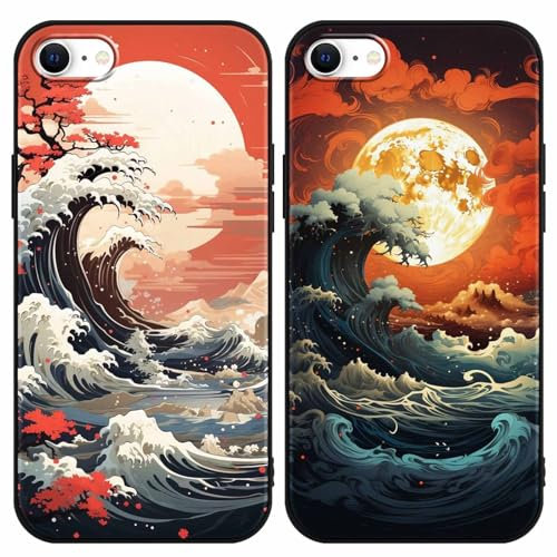 Yimctoie 2 Stück Handyhülle für iPhone 7/8/SE 2020/SE 2022 Hülle 4,7,Japanische Art Anime Aesthetic Wellen mit Muster Case,Ästhetik Schutzhülle Schwarz Weich Silikon TPU Stoßfeste Kratzfest Cover