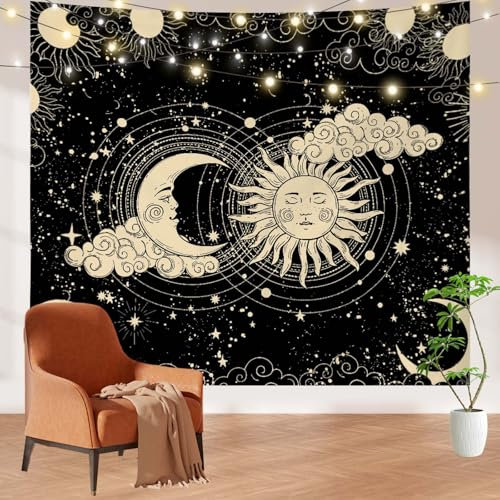 Ästhetische Wandteppich, Wandteppich Mond Sonne aus Polyestergewebe, Schwarzer Wandbehang Tapisseri mit Installationspaket, Tapisserie Mond und Sonne für Wohnzimmer Schlafzimmer Wanddeko(150 x 130cm)