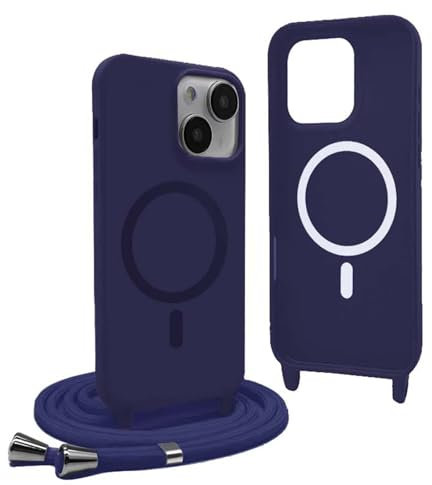 Magnetic Cover for iPhone 13 Mini with Lanyard, Compatible with MagSafe, Silicone Case with Adjustable Neck Strap Nylon Chain Necklace – Blue