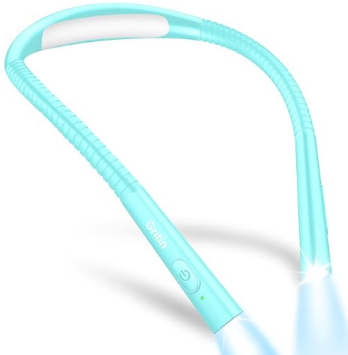 Gritin Leselampe Hals, Buchlampe Bett mit 4 Farben & 5 Helligkeit - Stufenlos Dimmbar, Augenschutz, Aufladbar 80h Dauer, Einstellarm, Ergonomisch Leselicht für Lesen im Bett, Blau