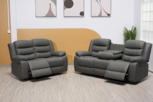 Manual Recliner Leather 3+2+1 Sofa Set - Recliner Sofa Set With Dropdown Table and Cupholder For Living Room (Grey, 3+2)