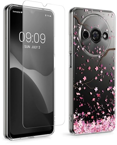 kwmobile Hülle kompatibel mit Xiaomi Redmi A3 Handyhülle - Silikon Case transparent - Mit Glas Schutzfolie - Kirschblütenblätter Rosa Dunkelbraun Transparent