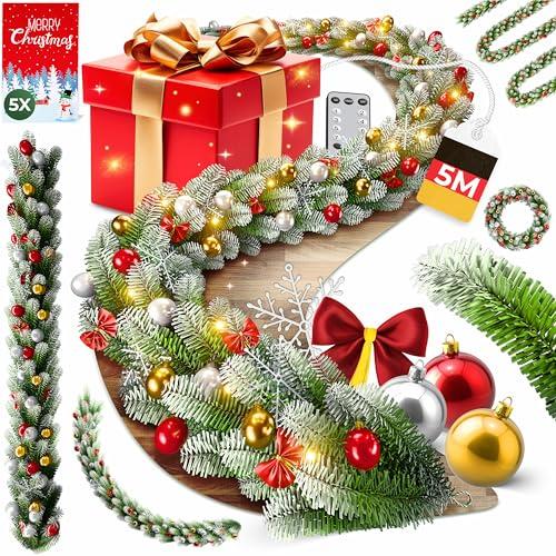 KESSER® Weihnachtsgirlande 5m mit Beleuchtung 100 LEDs - Timer - LED Kette 8 Leuchtmodi - Weihnachtsbeleuchtung - Weihnachtsdeko In & Outdoor - Tannen-Girlande inkl. Fernbedienung & Dekoschmuck