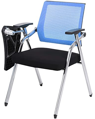 Chaise d'étudiant pliante avec bureau attaché, dossier en maille et accoudoirs pour tablette avec support lombaire, chaise de bureau pliable avec cadre en métal (bleu)