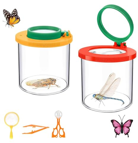 TFSYLISA 2 Pièces Boite a Insecte pour Enfant, Enfants Boite Loupe Insecte | Loupes à Insectes Kit avec 1 Pince à épiler en Plastique 1 Attrape Insectes Ciseaux, 1 Filet à Papillon