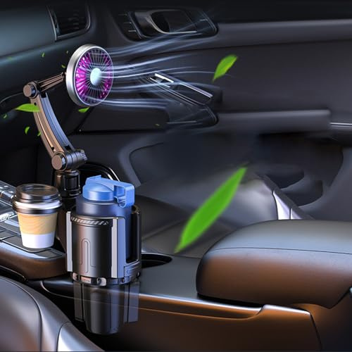 flexman 2 in 1 USB Car Cup Holder Car Fan with Atmosphere Light, 12V/24V Plug and Play 3 Speed Wind Adjustment Car Fan with Expandable Base for RV Truck Office (S)