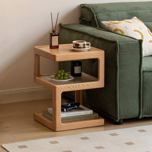 YESWOOD Beistelltisch aus Massivholz, dreistufiges Design mit Glas, fertig montiert, Sofatisch für Wohnzimmer & Schlafzimmer, 40×40×55 cm, Eiche