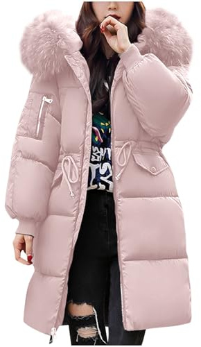 Couawaticy Vestes d'hiver pour femme - Doudoune matelassée en duvet long pour femme - Veste légère et imperméable avec capuche en fourrure - Grande taille - Trench-coat chaud