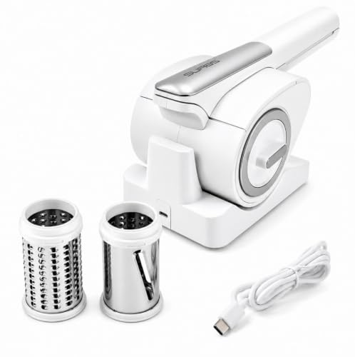 Electric Cheese Grater, Cordless Rechargeable Rotary Parmesan Grater, USB-C Charging, Automatic Handheld Cheese Shredder for Hard Cheese, Chocolate & Nuts, Gift Box – White