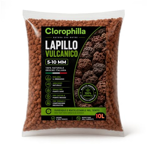 CLOROPHILLA Lapillo vulcanico per piante 5/10 mm, migliora drenaggio e composizione del substrato, Ideale per bonsai, piante Grasse e giardino - Made in Italy (10 Litri)