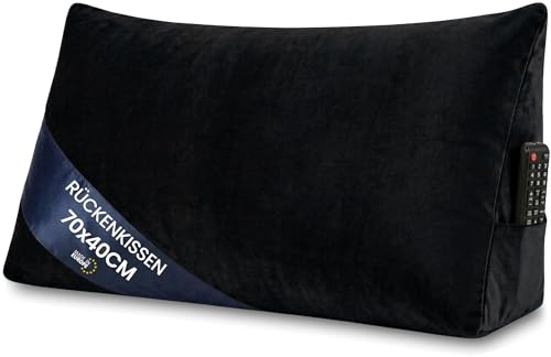 Keilkissen Rückenkissen für Bett und Sofa 70 cm breit - großes Lesekissen Couchkissen Wandkissen – Sofakissen Stützkissen für die Rückenlehne Reading Pillow Rückenstützkissen Schwarz - Velvet
