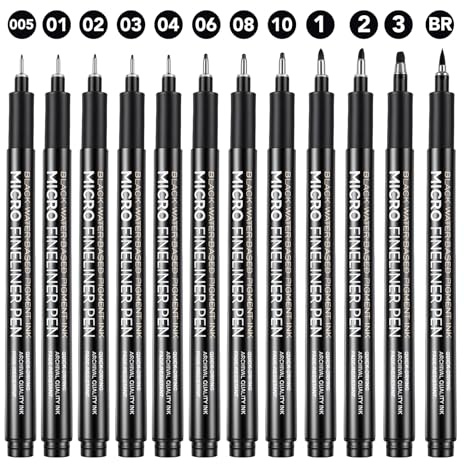 Thboxes Fineliner Schwarz, 12er Set, 0,2-3 mm, Wasserfest | Schnelltrocknende Tinte, 12 Spitzenbreiten, Klare Linien, Metallhülse, Clipkappe, für Skizzen, Journaling und Zeichnen