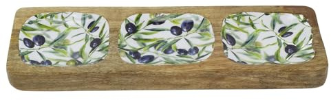 Olive Enamelled Sectional Tray, 30x10cm Mango Wood Serving Platter with 3 Enamel Compartments for Snacks, Dips and Nibbles