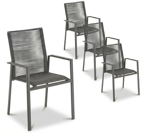 Liadomo Gartenstuhl 4er-Set Limbadi - 4 Stück Stapelstuhl - Aluminium-Gestell - Rope dunkelgrau - Armlehne Alu - wetterfest - fertig montiert - stapelbar - für Garten, Terrasse, Balkon
